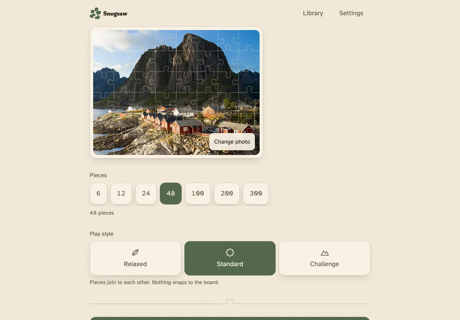 the same photograph on a tablet screen, covered in piece outlines, above a row of piece counts and a row of play styles