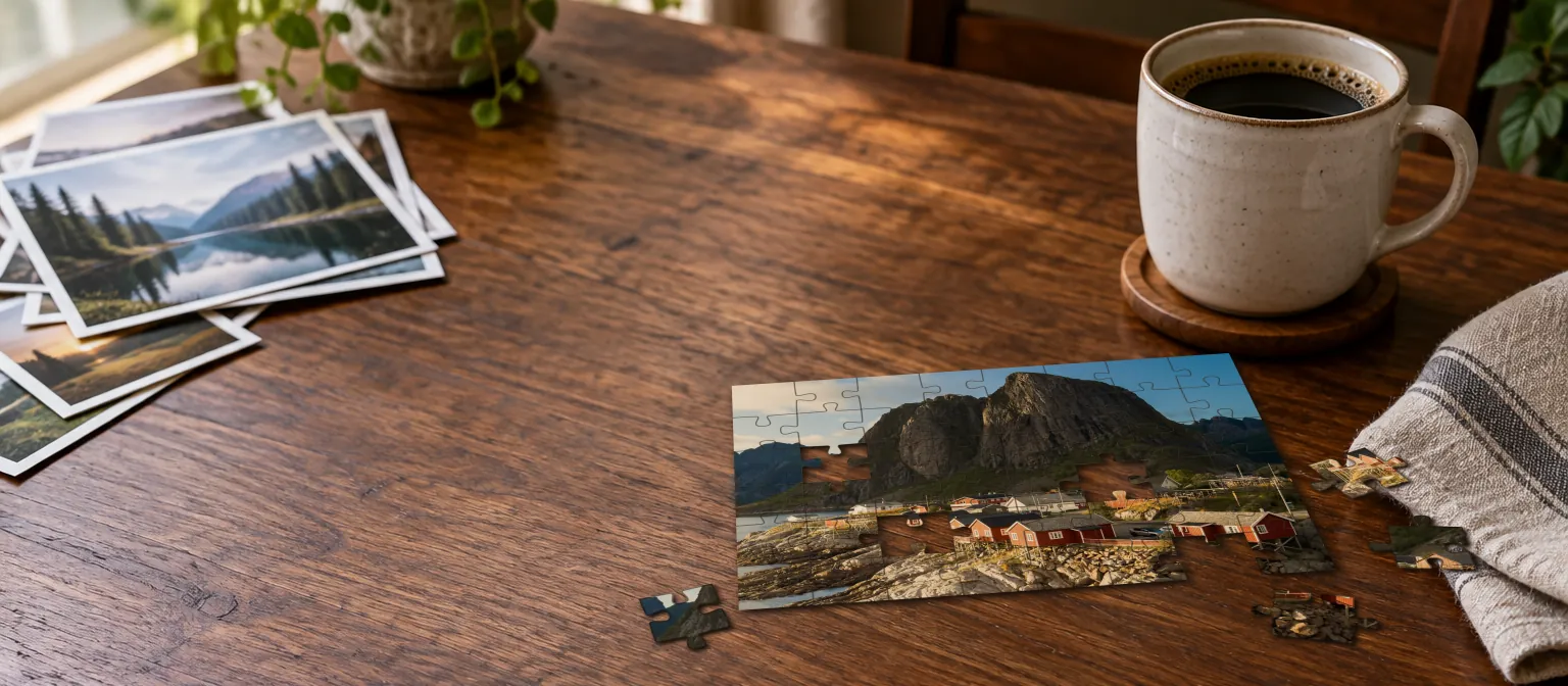 a photograph of red cabins on a Norwegian shore, half-cut into jigsaw pieces on a wooden table